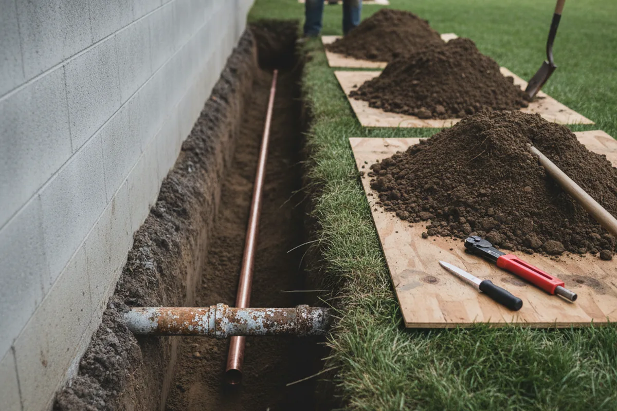 Excavated water line trench during Water Softener Installation in Cleburne